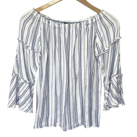 ANTHROPOLOGIE DREW Women’s Blue and White Striped Off the Shoulder Top - Picture 1 of 3